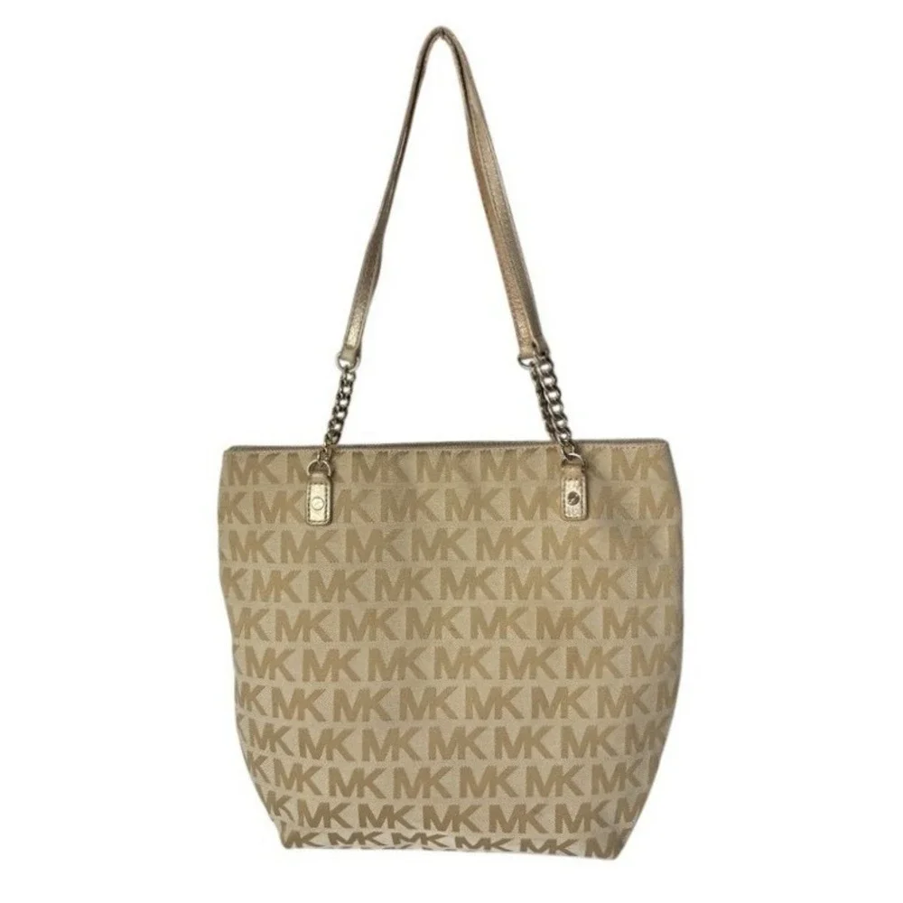 Michael Kors Double Strap Jet Set Monogram Tan Chain Tote Handbag - Picture 2 of 15